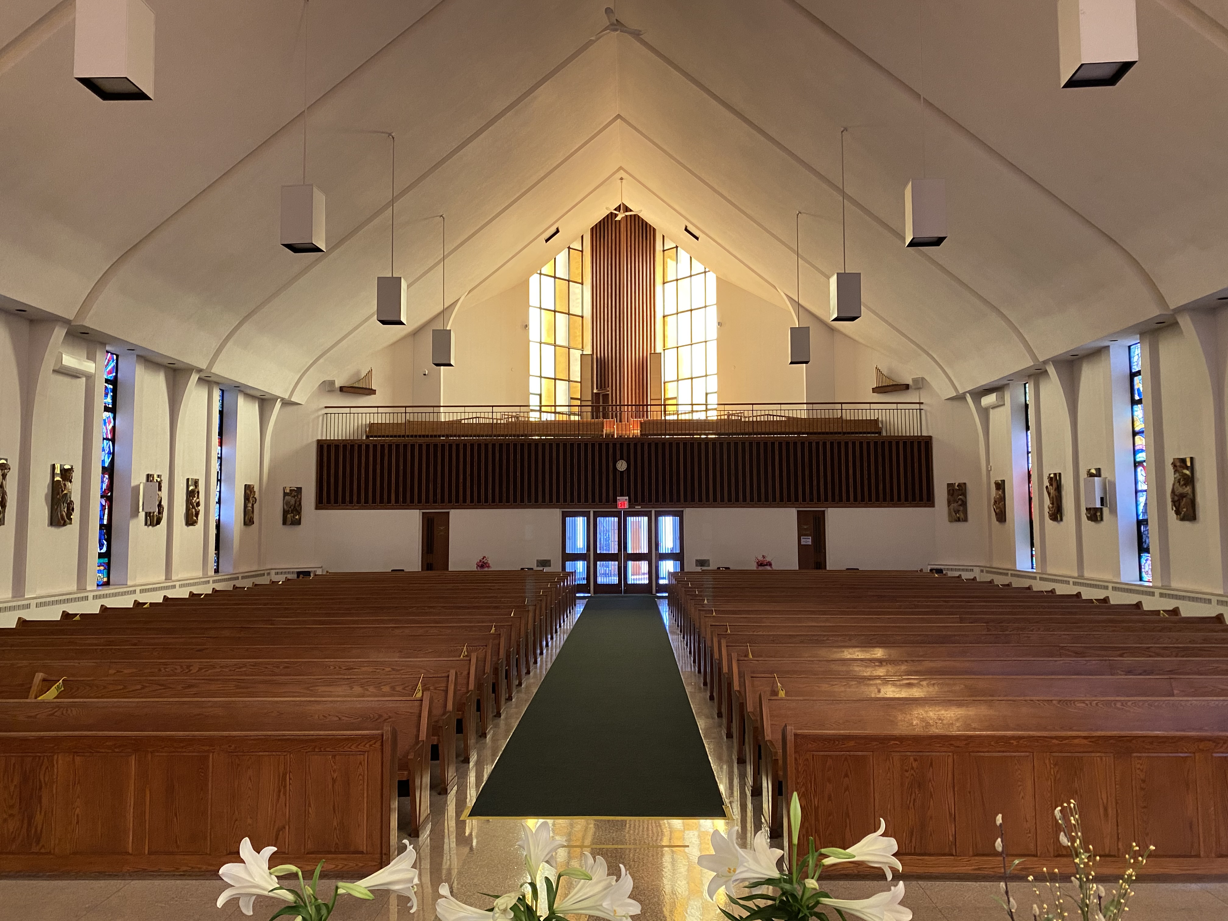 Church interior view from the altar facing pews