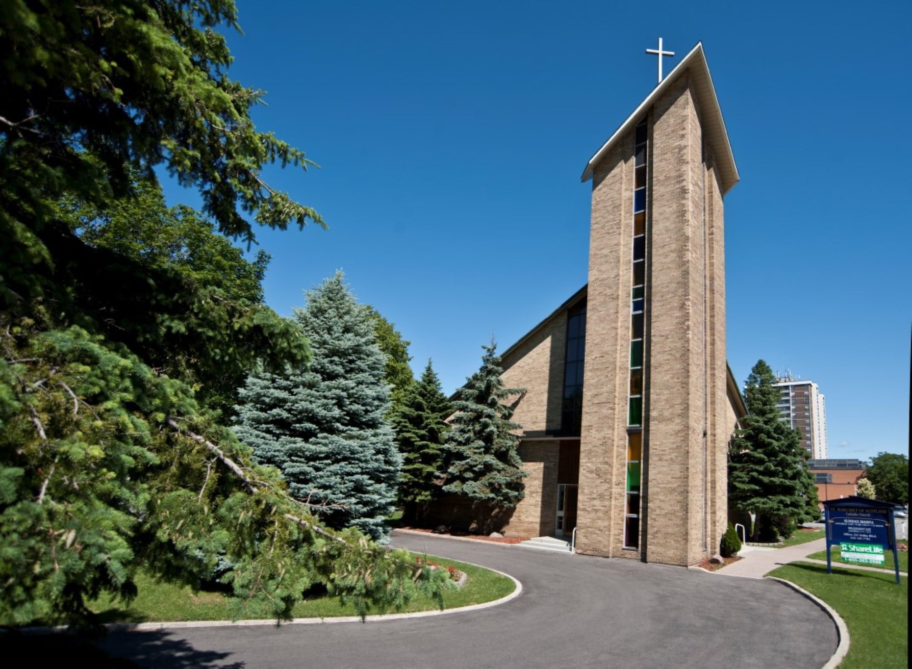 Church building with circular drive
